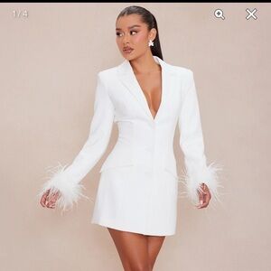 FashionNova White Blazer Feather Trim Dress